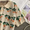 Sommer Koreanische Frauen Gestrickte T-shirt Mode Kurzarm Drehen-unten Kragen Kordelzug Unten Blumen Druck Studenten Tops 210601