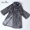 ZIRUNKING Cappotti in vera pelliccia d'argento lavorati a maglia Giacca alla moda Stile a righe Vestito femminile per l'autunno ZCW-02YL 211220