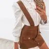 Crocodile Suspender PU Skirts Womens High Waist Brown Button Faux Leather Mini A-line Skirt Vintage Chic Skirt Bottoms 210415