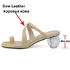 Meotina Real Leather Mid Heel Femme Slippers Topp Flip Tlides Toe Toe Crystal Strange Style Chaussures Sandales d'été BEIGE 210608