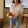 Chic Lace All Match V-Neck Sexy High Waist Streetwear Office Lady Shirts Vintage Tops Retro Sweet Blouses 210525