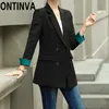 Plus Size Beige Black Long Women Blazer Höst Fall Fashion Office Ladies Coat Outwear Jacka med Pocket 3XL 4XL 210527