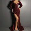 2021 Sexig bling Black Burgundy Dark Red Sequined Lace Prom Klänningar Sweetheart Mermaid Långärmade Högsidan Split Sequins Evening Dress Party Pageant Formella klänningar