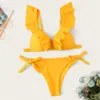 Sexy Ruffle Bikini Vrouwen Solid Swimwear Bow Swimsuit Braziliaanse Biquini Push Up Bikinis Pad Badpak Roze Mujer Micro Beach 210621