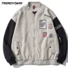 Herenjas rits katoen vintage honkbal patches mouwen zakken extra grote losse streetwear jas mannen vrouwen kleding 210601