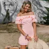 Off-shoulder Pink Ruffle Sheath Dress Women Retro Short Flared Sleeves Summer Dresses Casual Solid Bodycon Slim Vestidos 210414