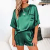 Summer Imitated Silk Pajamas Set Lady Sleepwear Solid Color Short Sleeve O Neck Pocket T-shirt Shorts Irregular Two-piece Suit 210608