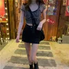 Zomer plaid blouse dames retro vierkante sleutelhemd casual kant chiffon puff puff mouw crop tops vrouwelijke Korea kleding 210401