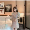Summer Women Square Collar Dress Fashion Office Ladies Pink grid Patchwork Mesh shiny slice Bodycon Pencil Party Dress 210514