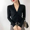Women Tops Korean Style Autumn Winter Slim-Fit V Collar Long-Sleeve Knitted Lace Up Solid Color Pullover Sweater 200G 210420