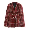 ZA Femmes Mode Double Boutonnage Tweed Check Blazers Manteau Vintage Femme Vêtements de dessus Taille Haute Jupe 2 pièces Ensemble 210602