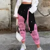 Kadınlar Rahat Kafatası Baskı Patchwork Pantolon Sonbahar Elastik Bel Cebi Geniş Bacak Pantolon Kadın Streetwear Artı Boyutu Sıcak Sweetpants X0629