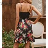 V Yaka Siyah Patchwork Çiçek Baskı Cami Elbise Kadın Yaz Casual Kolsuz Mini Fırfır Trim Hem A-Line 210510
