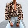 2021 Autumn Puff Sleeve Shirts Blus Dam Blommor/Leopard Långärmade Lapel Buttons Vintage Skjortor Eleganta Blusar Toppar Dam Y211125