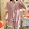 Cotton Women Pajamas Suit With Lace Soft Sleepwear Lounge Wear Casual Nightwear Intimate Lingerie V-Neck Homewear Shirt&Shorts Q0706