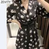 Zevity Women Vintage Cross V Neck Floral Printing Casual Back Mini Dress Female Chic Japanese Design Kimono Waist Vestido DS8262 210603