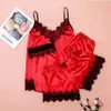 Lace Sexy 3 Pcs Pajamas Set Solid Ice Silk Summer Thin V Neck Ladies Satin Casual Pijama Suit Night Wear for Female Sleepwear Q0706