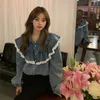 Nomikuma Spring Women Jeans Blouse Korean Lace Patchwork Ruffle Sweet Shirt Causal Long Sleeve Turn-down Collar Blusa 6E230 210427
