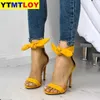 Più nuovo progettista di marca Sandali con tacco alto in pelle scamosciata gialla Caviglia Big Bowknot Sandalo gladiatore Scarpe con cinturino singolo Décolleté con tacco sottile X0526