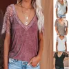 Sexy Women Summer Solid Color T-Shirts Lace Decor See Through V Neck Short Sleeve Casual Loose Pullovers Top for Streetwear