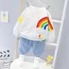 Kleidungssets Frühlings-Baby-Kleidungsset Säuglingskinder Regenbogen Hoodies + Jeans Zweiteiliger Anzug Lässige Kleinkind-Mädchen-Outfits Geborener Trainingsanzug