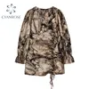 Tie Dye Streetwear Crop Dress Femmes O Cou Drapé Cordon À Lacets Robes Courtes Femme Flare Manches Longues Tide Party Club Jupe 210417