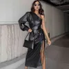 Free Women's PU Leather Midi Dress Sexy One Shoulder Long Sleeve Draped Lace-Up Split Club Party es 210524