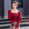 Elegante Frauen Burgund Hemd Mode Frühling Square Neck Lange Puff Sleeve Casual Weibliche Crop Top 210603