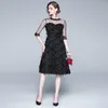 Piste haute qualité automne femmes robe 3/4 manches Patchwork maille noir gland plume robes vintage fête vestidos 210529