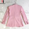 Modedesigner blazer kvinnor l￥ng￤rmad blommig foder rosknappar rosa yttre jacka