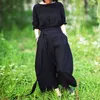 Johnature V-Ausschnitt Frühling Baumwolle Leinen Vintage Kleid Frauen Lose Plus Größe Spitze-up Einfarbig Asymmetrie Kleider 210521