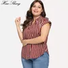 Plus Size Blouse Shirt Women Summer Stand V Neck Short Sleeve Striped Print Casual Blouse Big Size Ladies Tunic Tops 210401