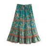 blue green Bohemian Flower Print Long Skirt Stitching Ruched Ruffle Hem Holiday Women Adjust Stream Waist Swing Skirts Beach 210429