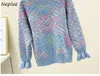 Neploe V-neck Sequined Beading Patchwork Mesh Sweaters Sweet Women Pullovers Chic Panelled Flare Sleeve Knitted Jacket 210423