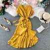 Elegant Kvinnor Söt Bandage Klänning Chic Slim High Waist Koreanska Klänningar Ruffles Ol Summer V Neck Vestidos Solid 210519