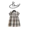 2021 패션 새로운 격자 무늬 소녀 여름 드레스 코튼 스트라이프 아기 아이들 짧은 소매 드레스 어린 소녀 옷 Q0716