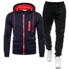 2 Parça Setleri Eşofman Erkekler Sonbahar Fermuar Hoodie Kazak + Pantolon Katı Spor Fitness Kapüşonlu Giyim Ceket Joggers Suit 210722