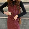 Kanske dina kvinnor 2 stycken set rött vin pläd tweed vest ärmlös midi kjol höst t0368 210529