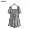 Tangada Sommar Kvinnor Plaid Print French Style Dress Puff Short Sleeve Ladies Mini Dress Vestidos Yi29 210609