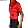 Mens Slim Fit с коротким рукавом шелковая рубашка сатин гладких мужчин красная смокинг рубашка свадьба бизнес мужской повседневная социальная рубашка Chemise 210522