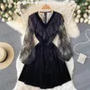 Casual Dresses [EWQ] Temperament V-neck Lace Spliced Collect Waist Dress Women 2021 Velvet A-line Mini Fold Autumn 16R958