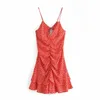 Kadın Kırmızı Çiçek Mini Yaz Elbise Fırfır Dantelli Kayış Kısa ES Bayanlar Seksi Backless Plajı Kesip 210519