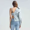 Patchwork Asymmetrical Denim Women Coat V Neck One Off Shoulder Sexy Hollow Out Streetwear Female Clothes 210524