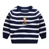 Autumn And Winter Kids Sweaters Stripe Boy Embroidered Dinosaur Knitted Pullover Sweater Round Neck Outerwear Pure Cotton Y1024