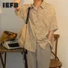 IEFB Koreanska Trend Lite Leopard Skriv ut Skjorta Mäns Personlighet Nisch Design Lapel Single Breasted Half Sleeve T-shirts för Man 210524