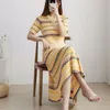 Summer Knitted 2 Piece Set Women Short Sleeve Sweater Crop Top + Wave Striped Big Swing Long Skirt Sets Two Suits 210514