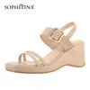 Sophitina tjocklastade kilar Sandaler Kvinnlig bältesspänne Square Toe Mid-Heel Strap Smalband Dagliga Sommar Kvinnors Skor AO546 210513