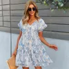 Floral Impressão Ruffles Vestido Solto Mulheres Verão V Neck Manga Curta Mini Vestidos Casuais Senhoras Bolinhas Férias Sundress Vestidos 210507