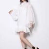 Elegant patchwork Ruffle Mini Dress for Women Stand Collar Lantern Långärmad Hög midja Klänningar Kvinnlig stil 210520