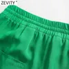 Zevity Women Shight緑色のカラーポケットカジュアルストレートパンツ女性シックな弾性ウエストレースアップ夏の長いズボンP1116 210915